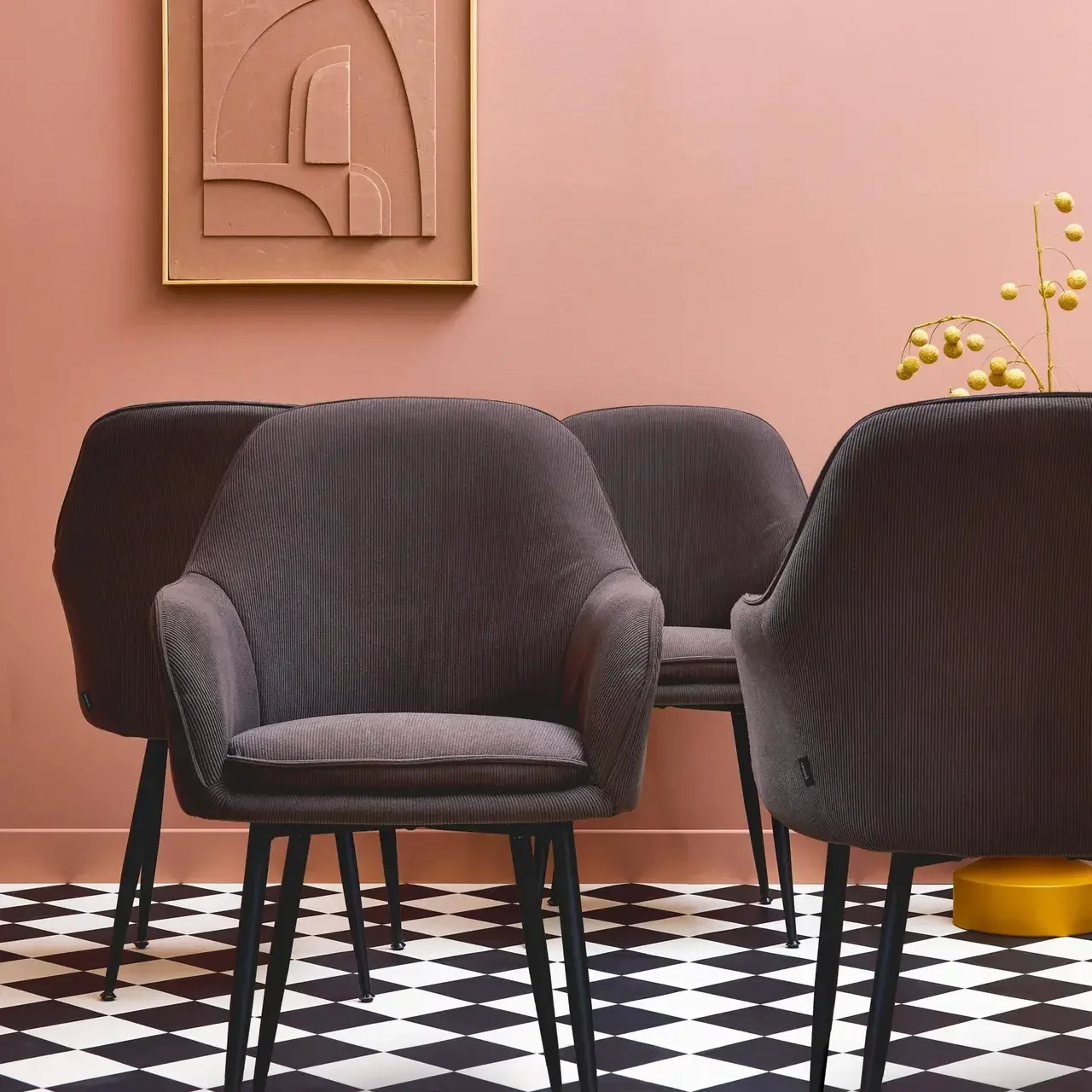 4 fauteuils velours côtelé vintage Shella structure métal