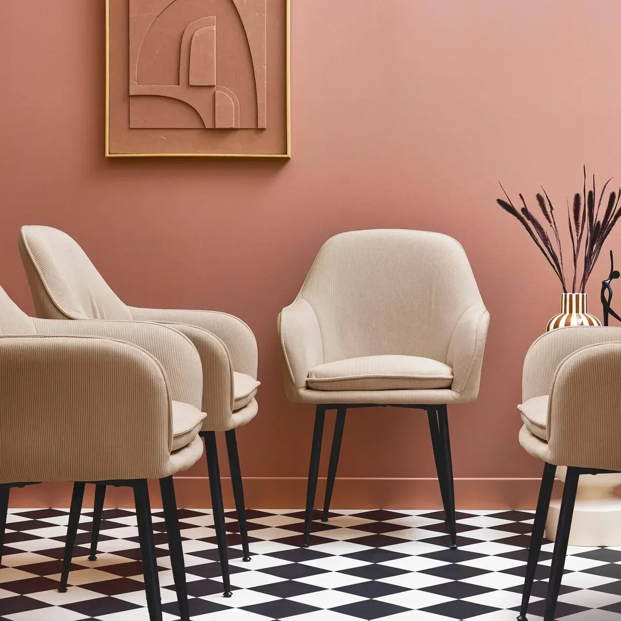 Lot de 4 fauteuils velours côtelé structure métallique vintage Shella