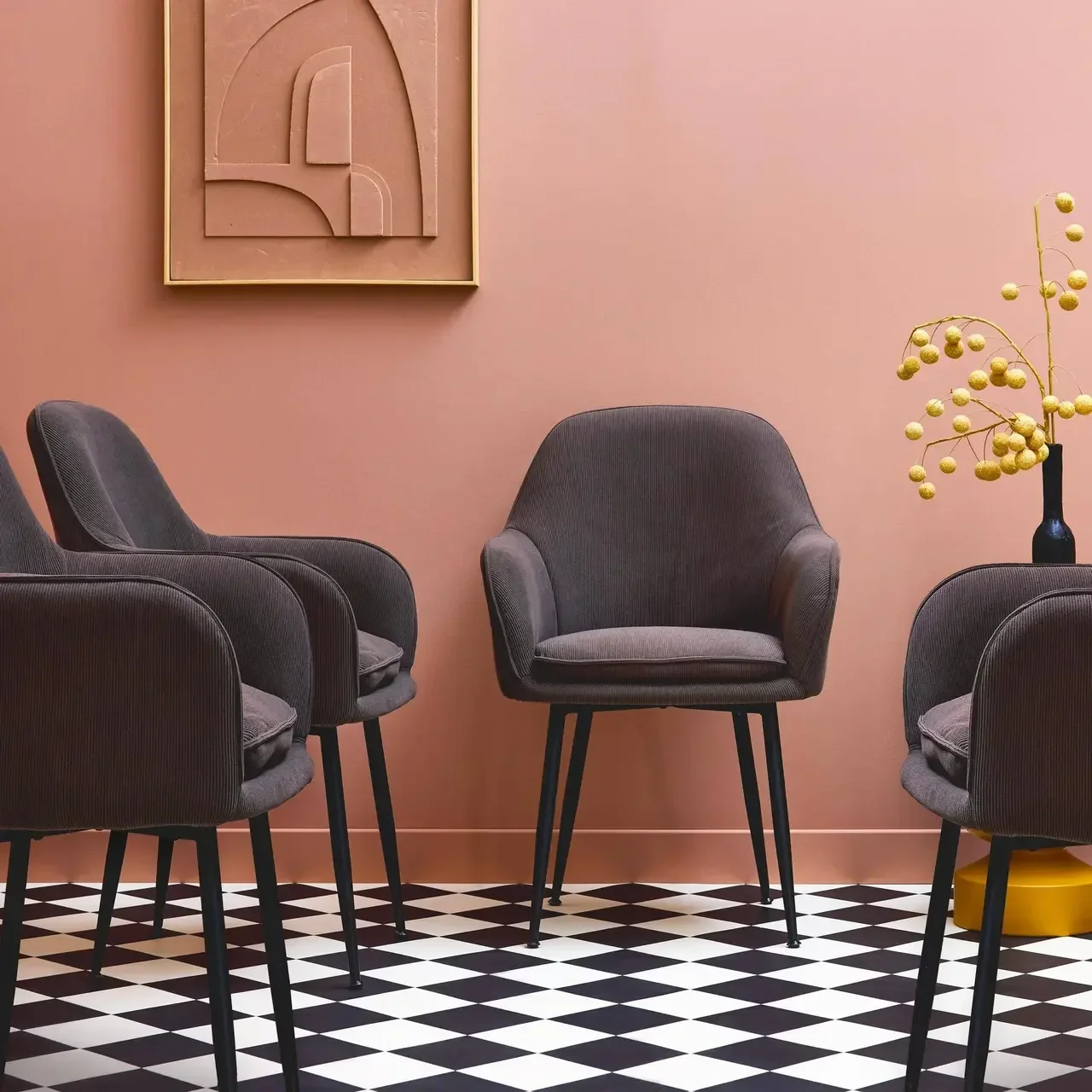 4 fauteuils velours côtelé vintage Shella structure métal