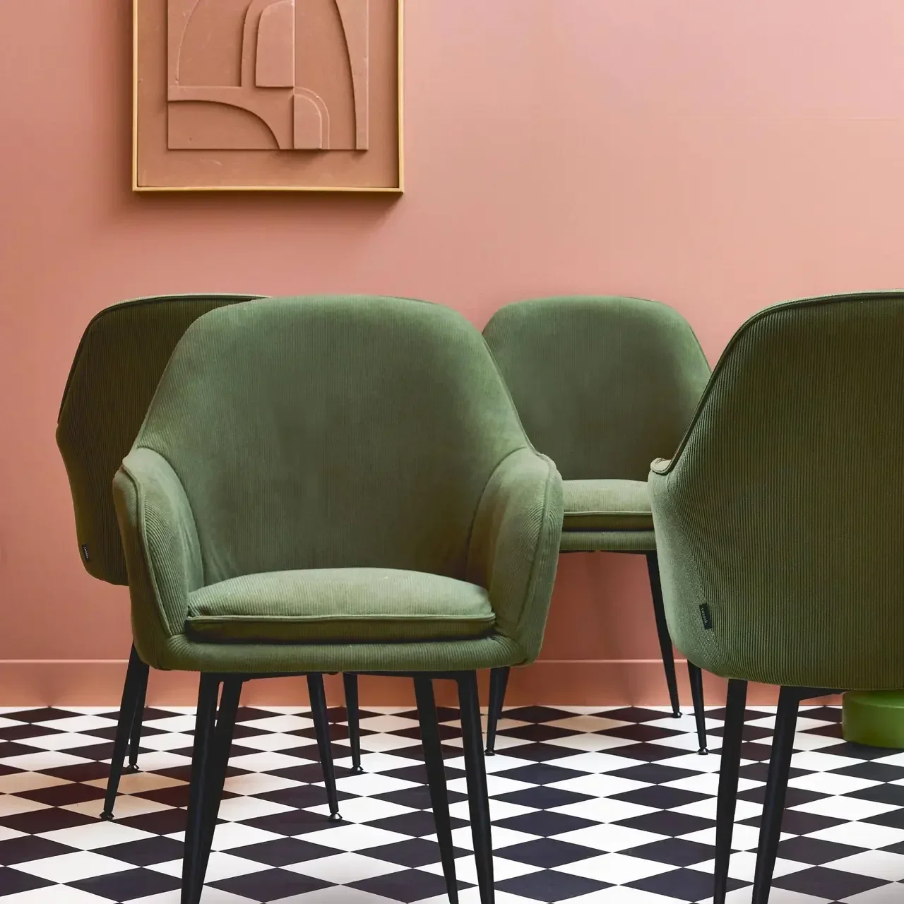 Lot 4 fauteuils velours côtelé structure métal vintage Shella