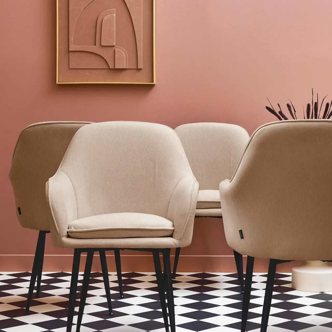 Lot de 4 fauteuils velours côtelé structure métallique vintage Shella