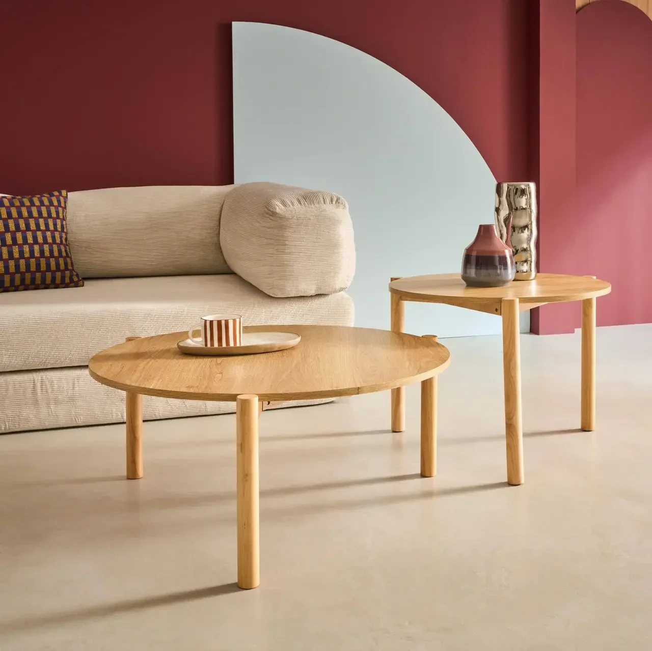 Lot 2 tables basses rondes bois empilables design scandinave Harmony