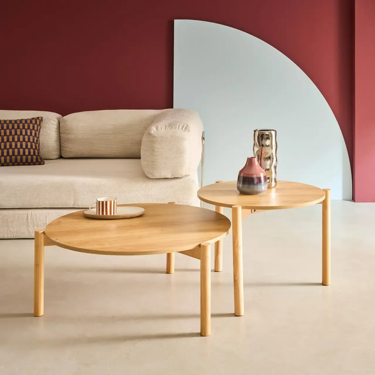 Lot 2 tables basses rondes bois empilables design scandinave Harmony