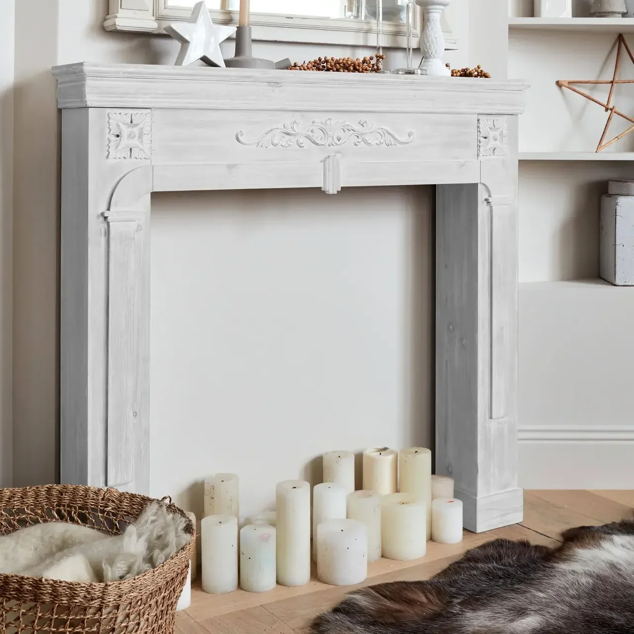 Verwitterter Kaminumrandung Holzoptik, Shabby Chic Landhausstil