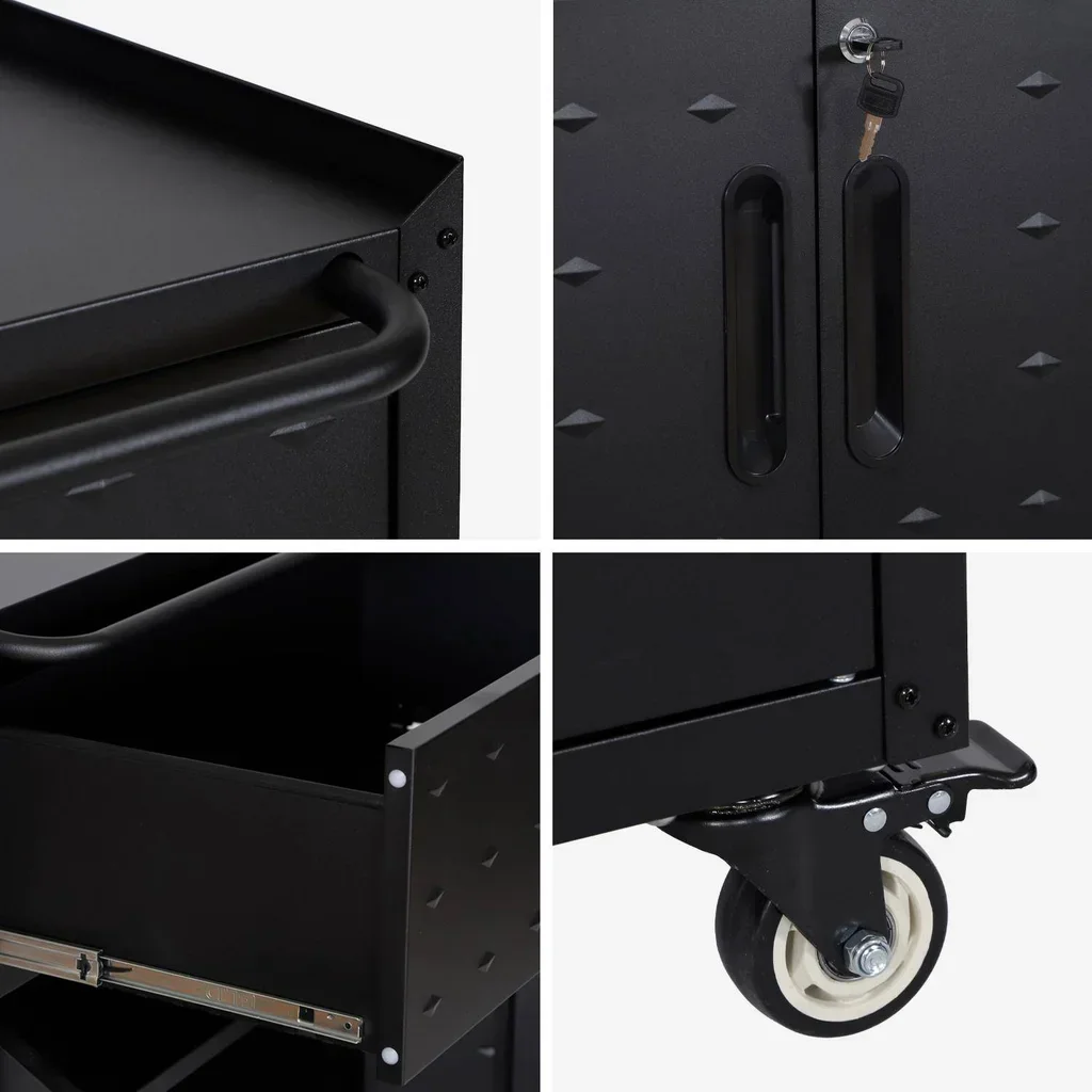 Mobile basso garage Bobby 1 cassetto 2 ante acciaio nero con ruote
