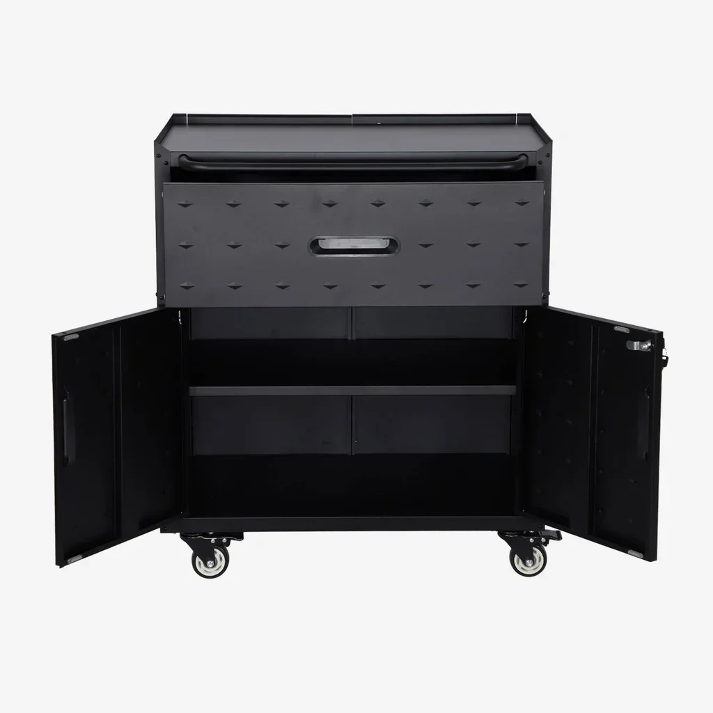 Mobile basso garage Bobby 1 cassetto 2 ante acciaio nero con ruote