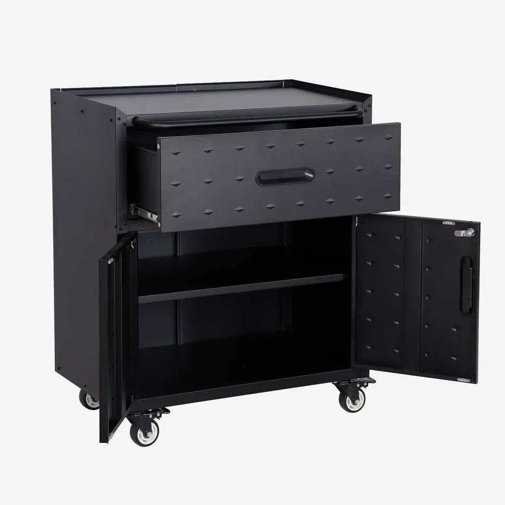 Mobile basso garage Bobby 1 cassetto 2 ante acciaio nero con ruote