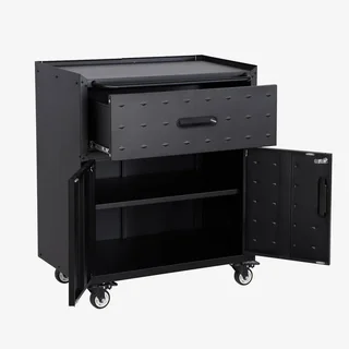 Mobile basso garage Bobby 1 cassetto 2 ante acciaio nero con ruote