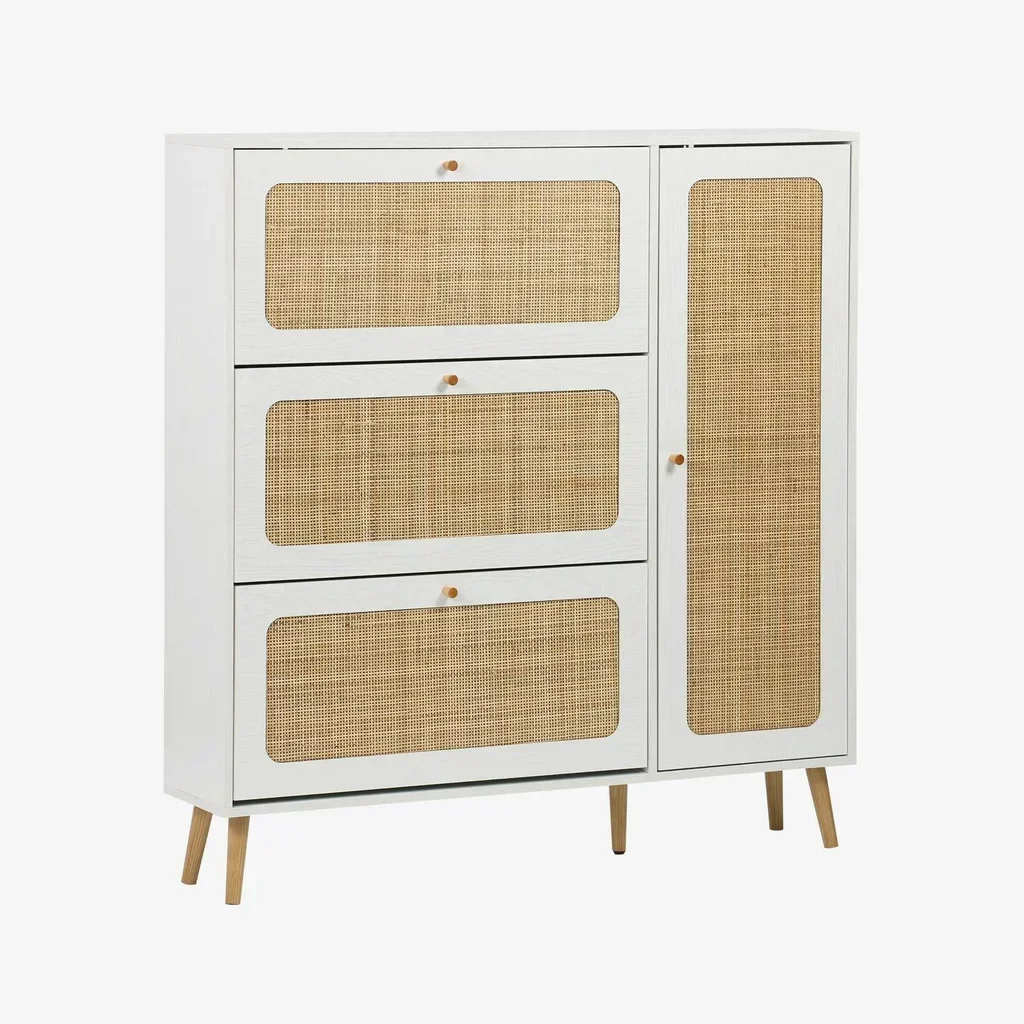 Mueble zapatero 3 solapas 1 puerta madera ratán vintage Boho 21 pares