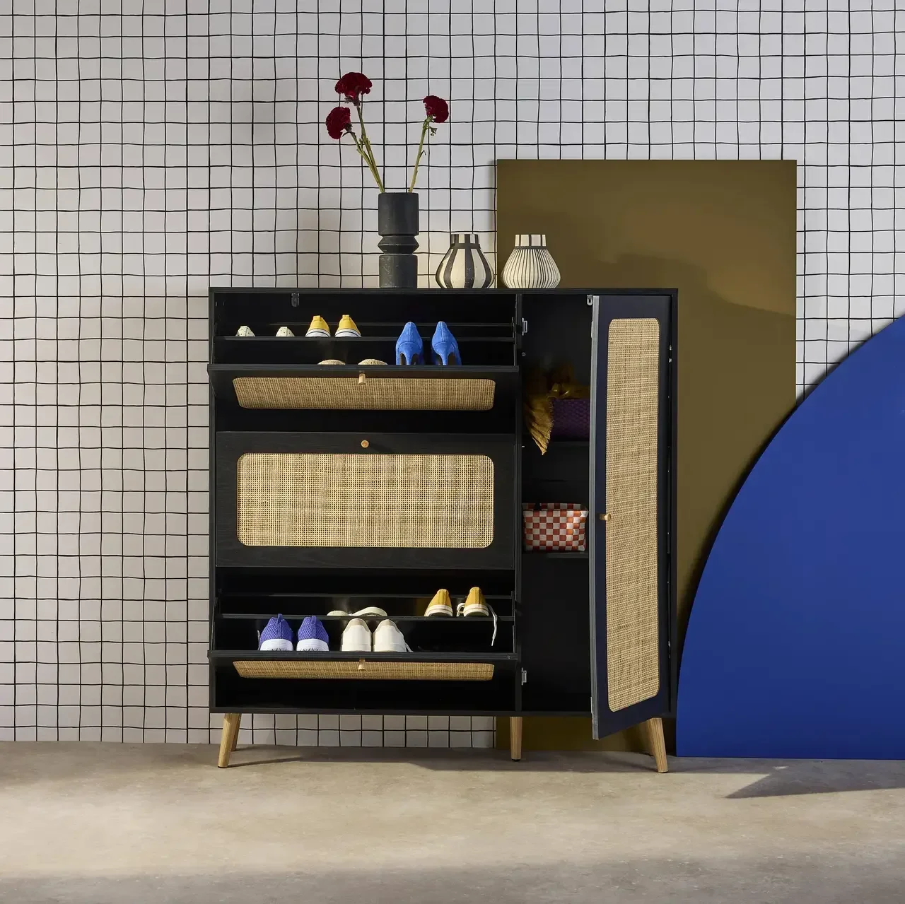 Zapatero 3 Puertas Ratán Madera 21 Pares Estilo Boho
