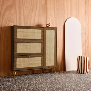 Mueble zapatero 3 puertas ratán madera Boho 21 pares