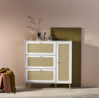 Mueble zapatero 3 solapas 1 puerta madera ratán vintage Boho 21 pares