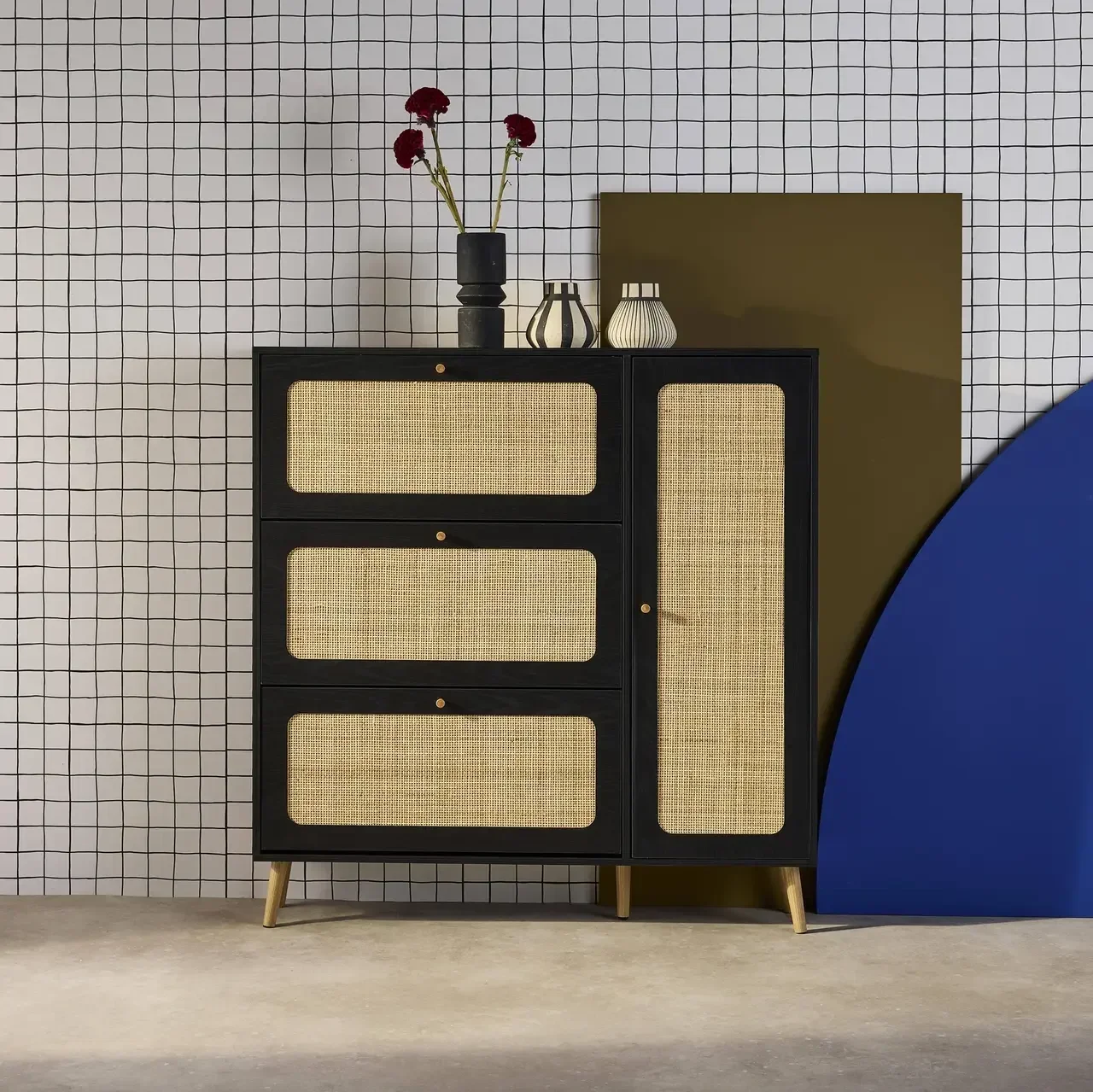 Zapatero 3 Puertas Ratán Madera 21 Pares Estilo Boho