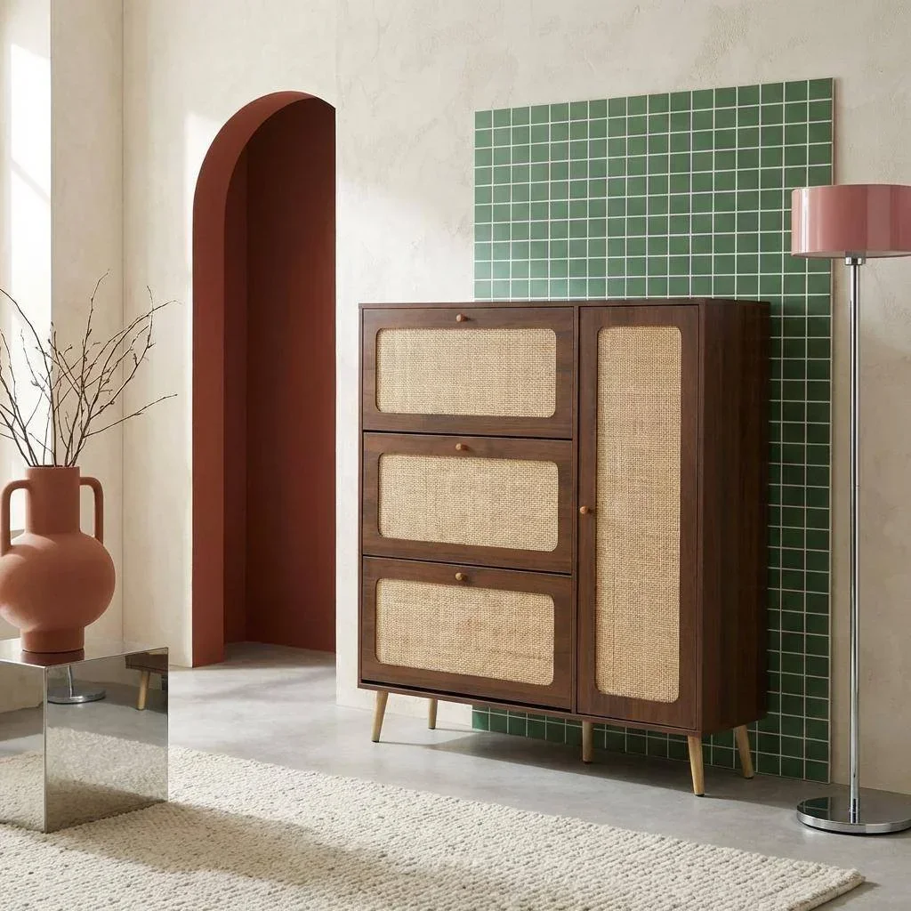 Mueble zapatero 3 puertas ratán madera Boho 21 pares