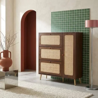 Mueble zapatero 3 puertas ratán madera Boho 21 pares