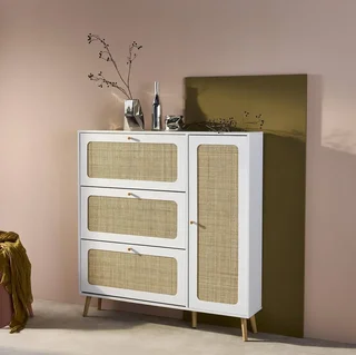 Mueble zapatero 3 solapas 1 puerta madera ratán vintage Boho 21 pares
