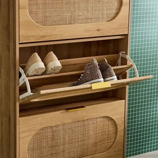 Meuble à chaussures 3 portes cannage bois naturel entrée bohème Eva