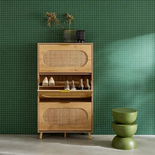 Meuble à chaussures 3 portes cannage bois naturel entrée bohème Eva