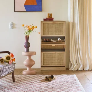 Armário Sapatos 3 Portas Rattan Madeira Natural Vintage Camargue