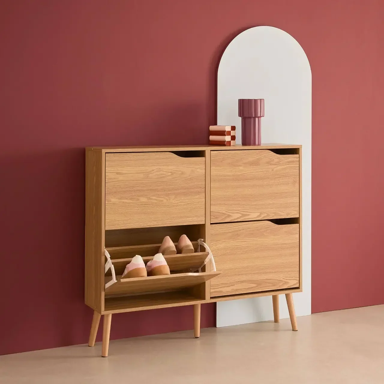 Meuble à chaussures 4 portes abattantes bois style scandinave Népal