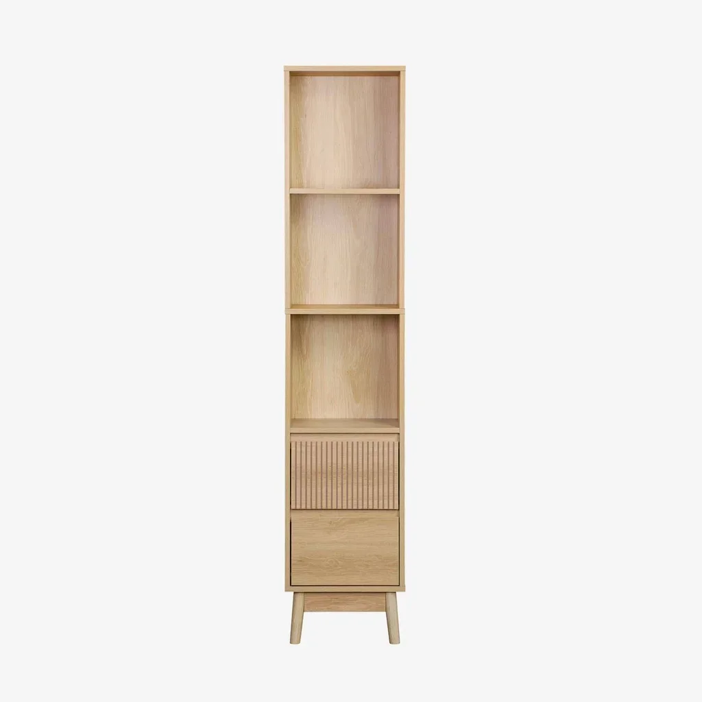 Meuble colonne salle de bain bois 3 étagères 2 tiroirs style scandinave