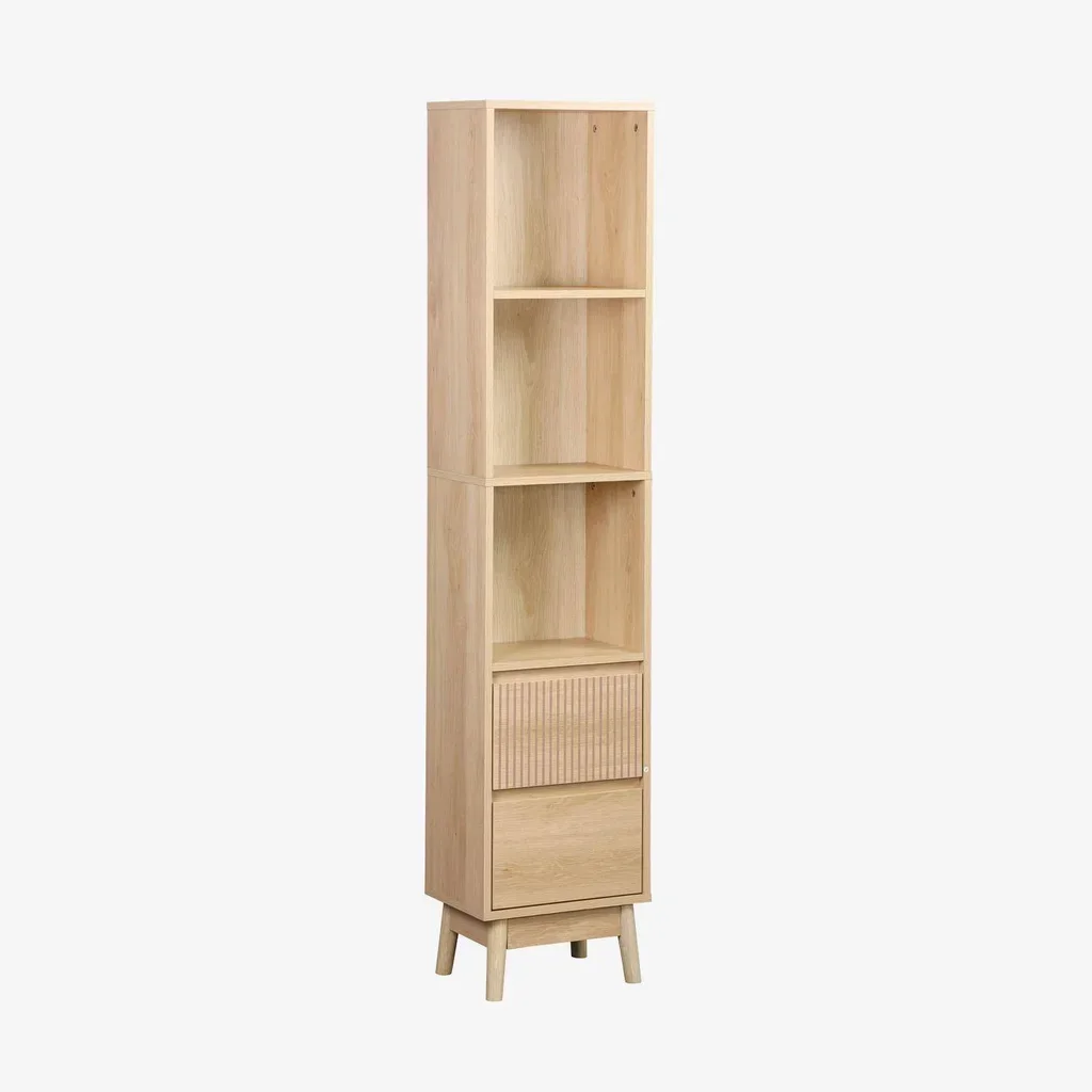 Meuble colonne salle de bain bois 3 étagères 2 tiroirs style scandinave