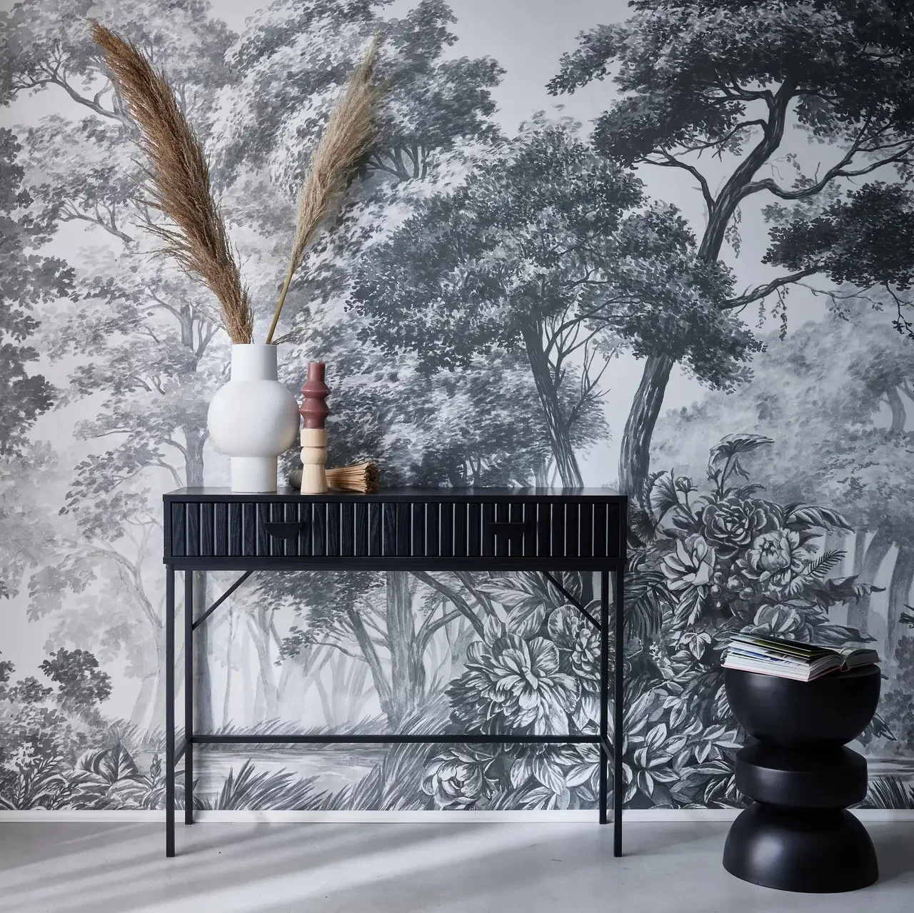 Console noire 2 tiroirs bois strié Bazalt design contemporain