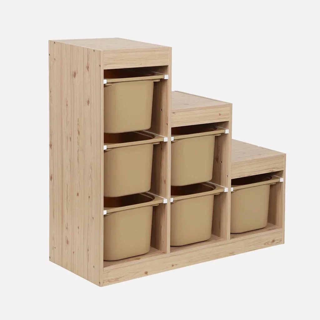 Mueble de almacenamiento escalonado infantil de madera con 6 cajones de colores