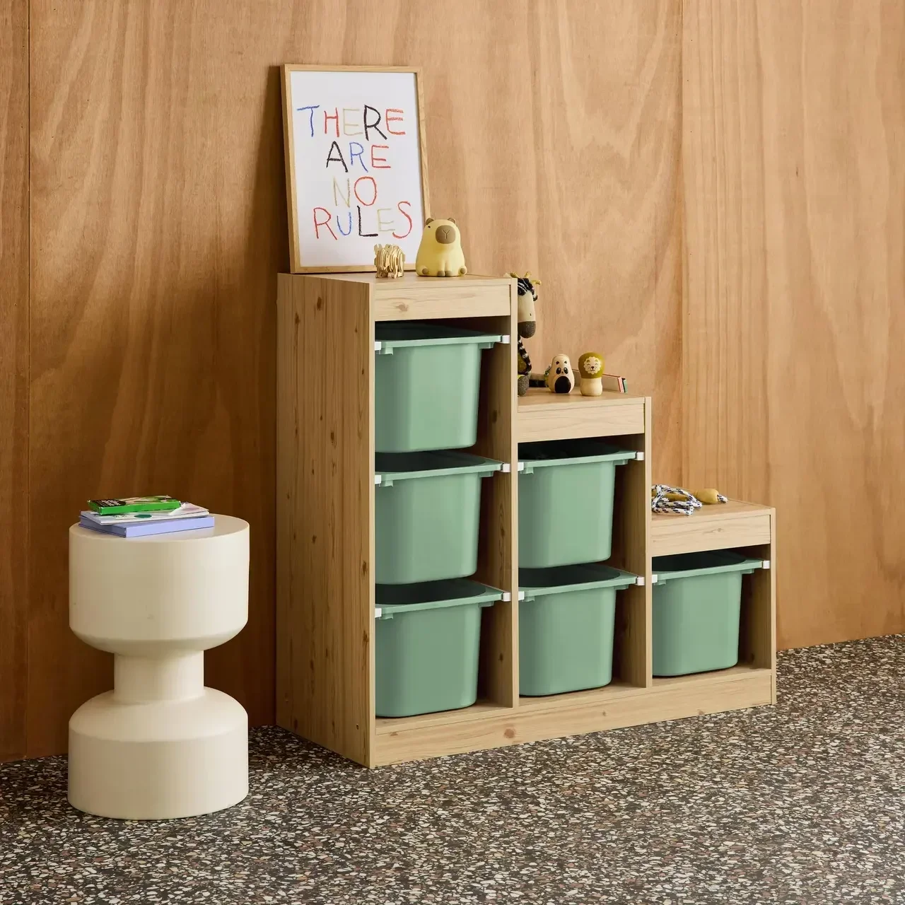 Mueble almacenamiento infantil escalera madera 6 cajas de colores