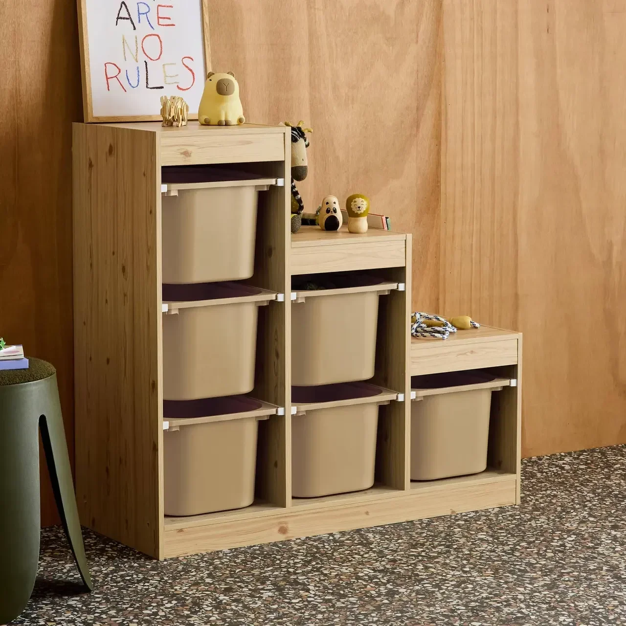 Meuble rangement escalier enfant 6 bacs colorés bois