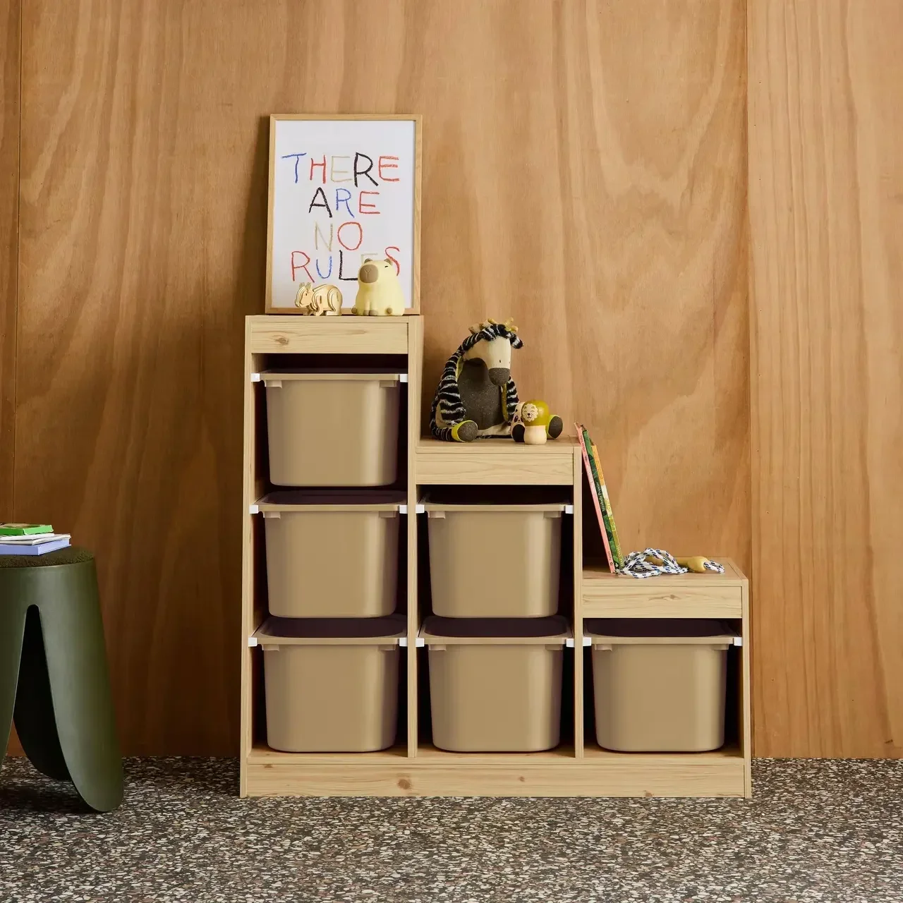 Meuble rangement escalier enfant 6 bacs colorés bois