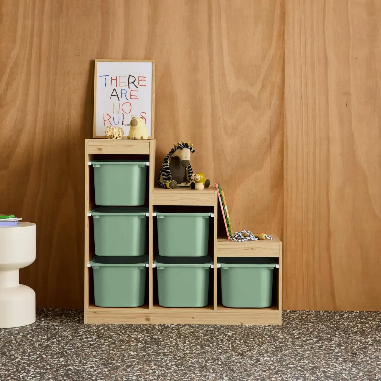 Mueble almacenamiento infantil escalera madera 6 cajas de colores