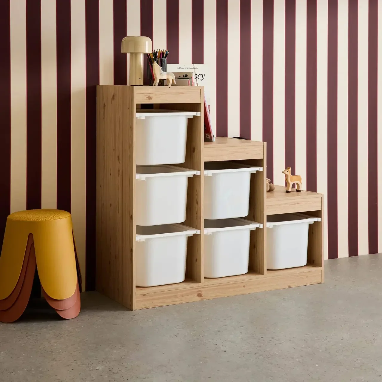 Meuble rangement enfant escalier 6 bacs Sora bois