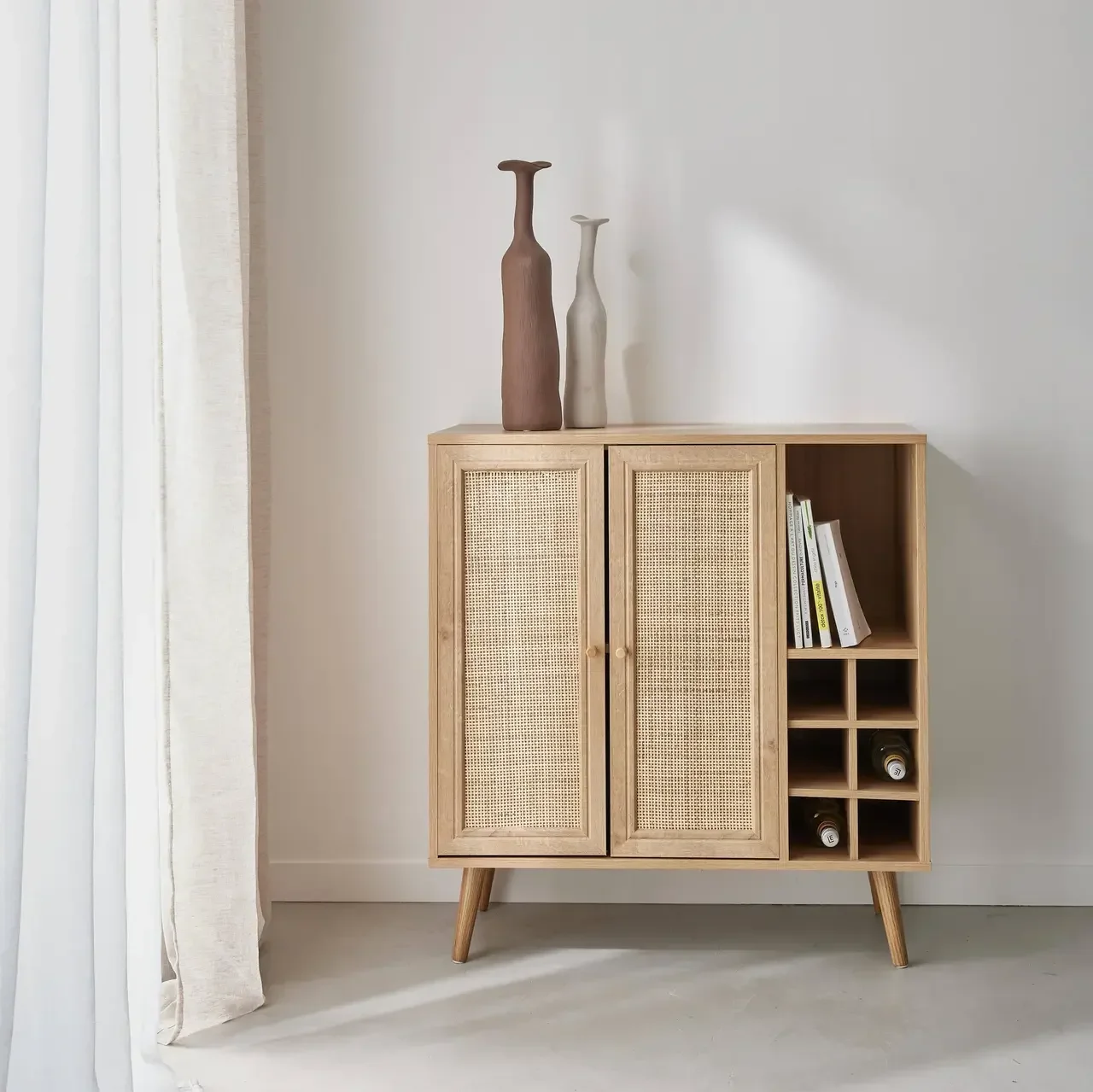 Meuble rangement bouteilles cannage bois 83 cm style bohème vintage