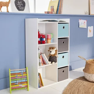 Meuble rangement enfant 4 casiers tissu gris bleu Camille