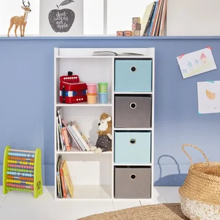 Meuble rangement enfant 4 casiers tissu gris bleu Camille