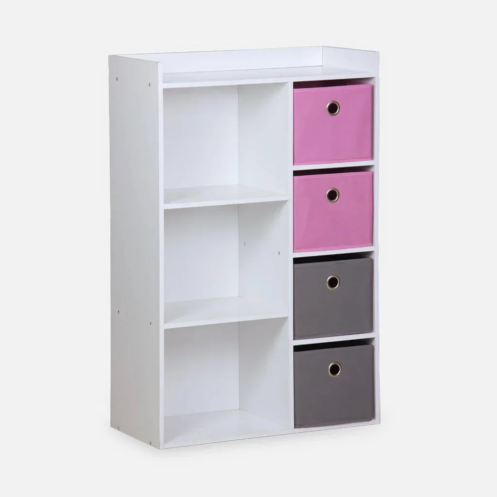Meuble rangement enfant 4 casiers tissu gris bleu