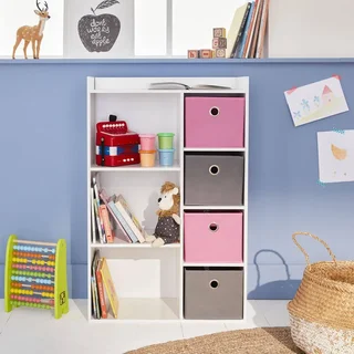 Meuble rangement enfant 4 casiers tissu gris bleu