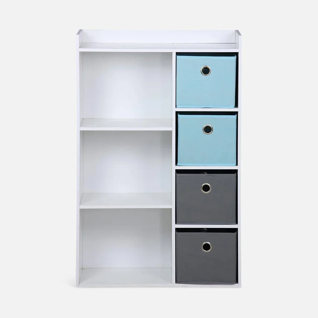 Meuble rangement enfant 4 casiers tissu gris bleu Camille