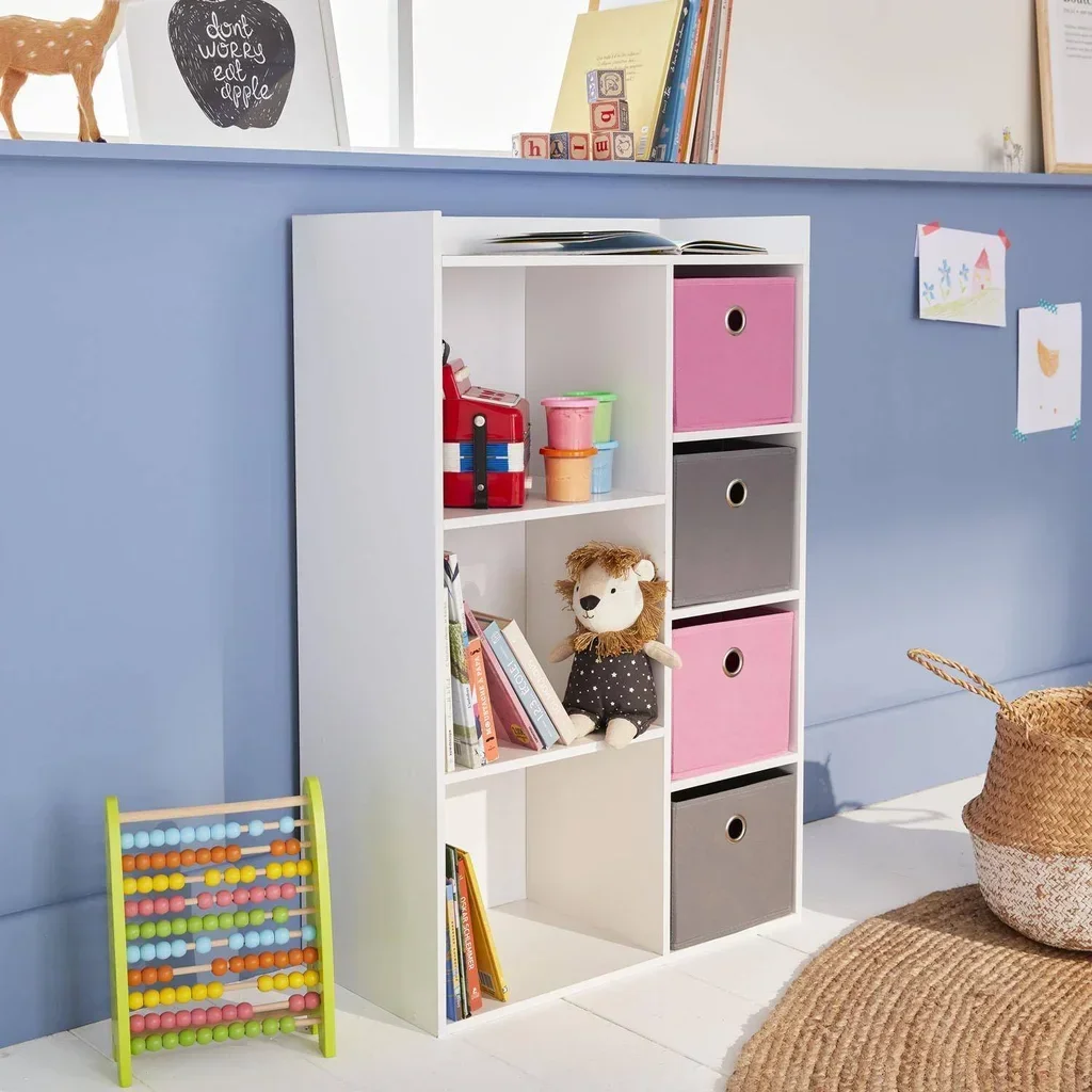 Meuble rangement enfant 4 casiers tissu gris bleu