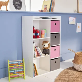 Meuble rangement enfant 4 casiers tissu gris bleu