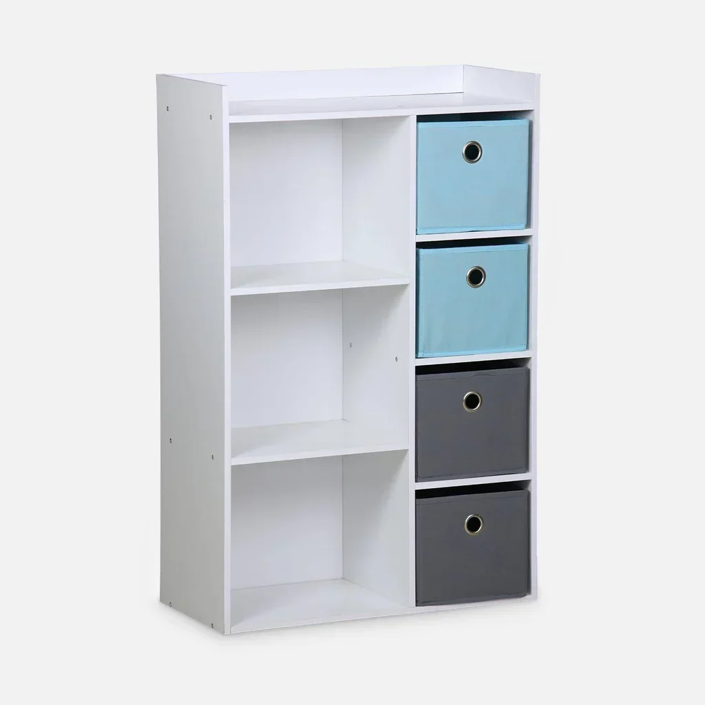 Meuble rangement enfant 4 casiers tissu gris bleu Camille