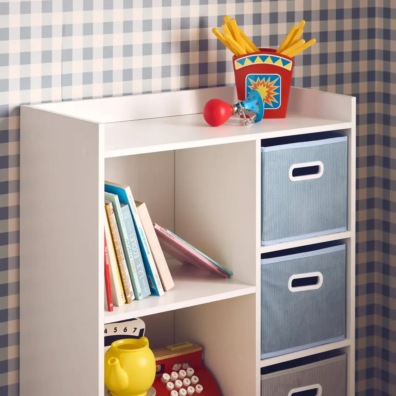 Meuble rangement enfant 4 paniers velours gris colorés scandinave