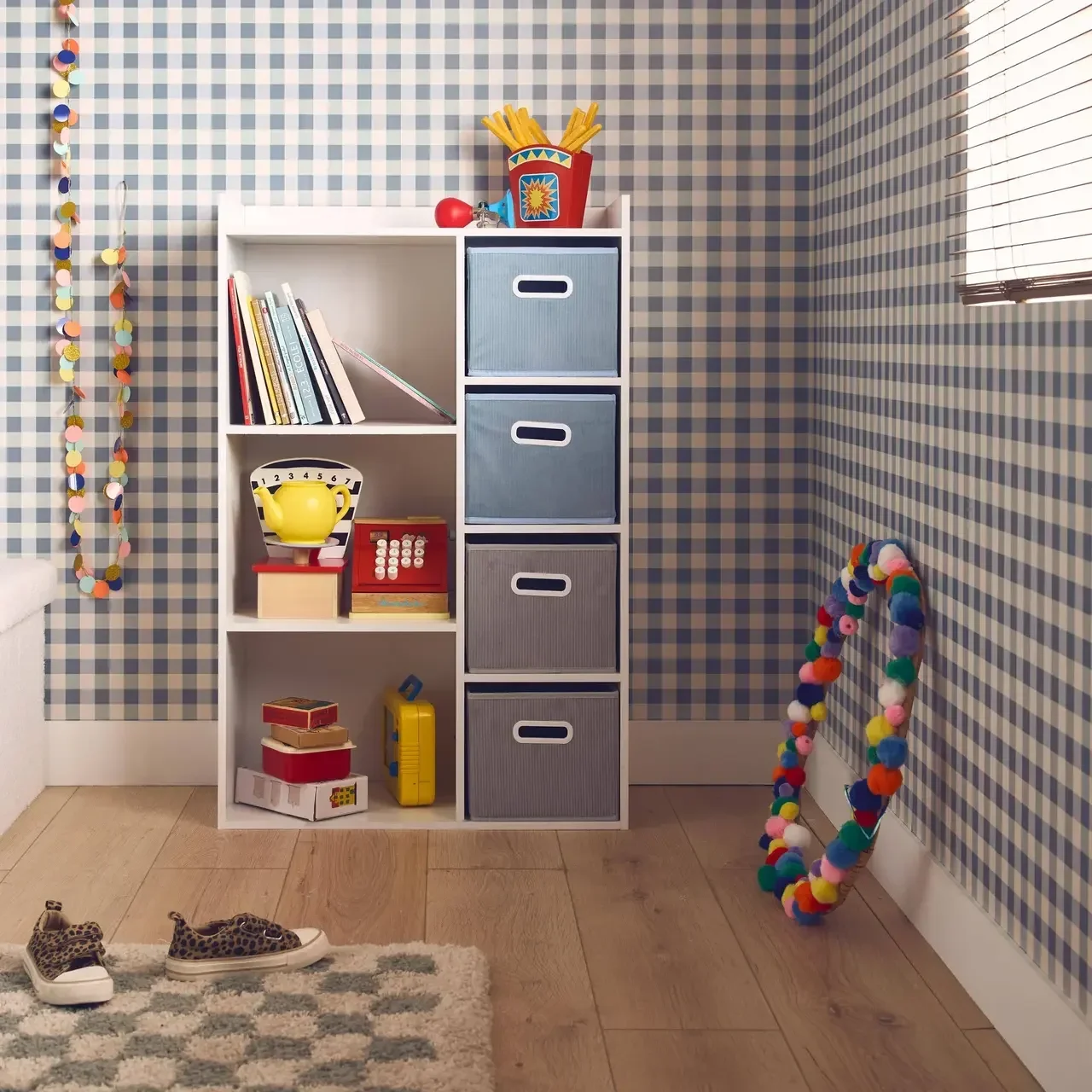 Meuble rangement enfant 4 paniers velours gris colorés scandinave
