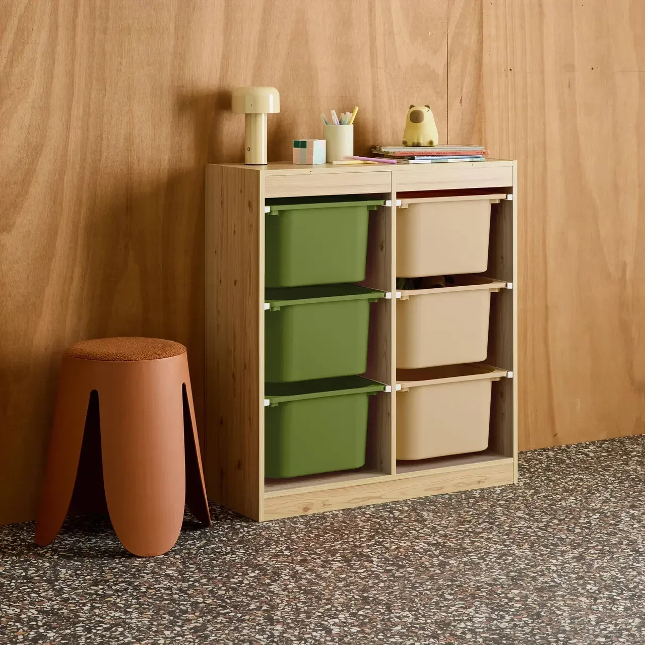 Meuble rangement enfant 6 bacs colorés plastique amovibles