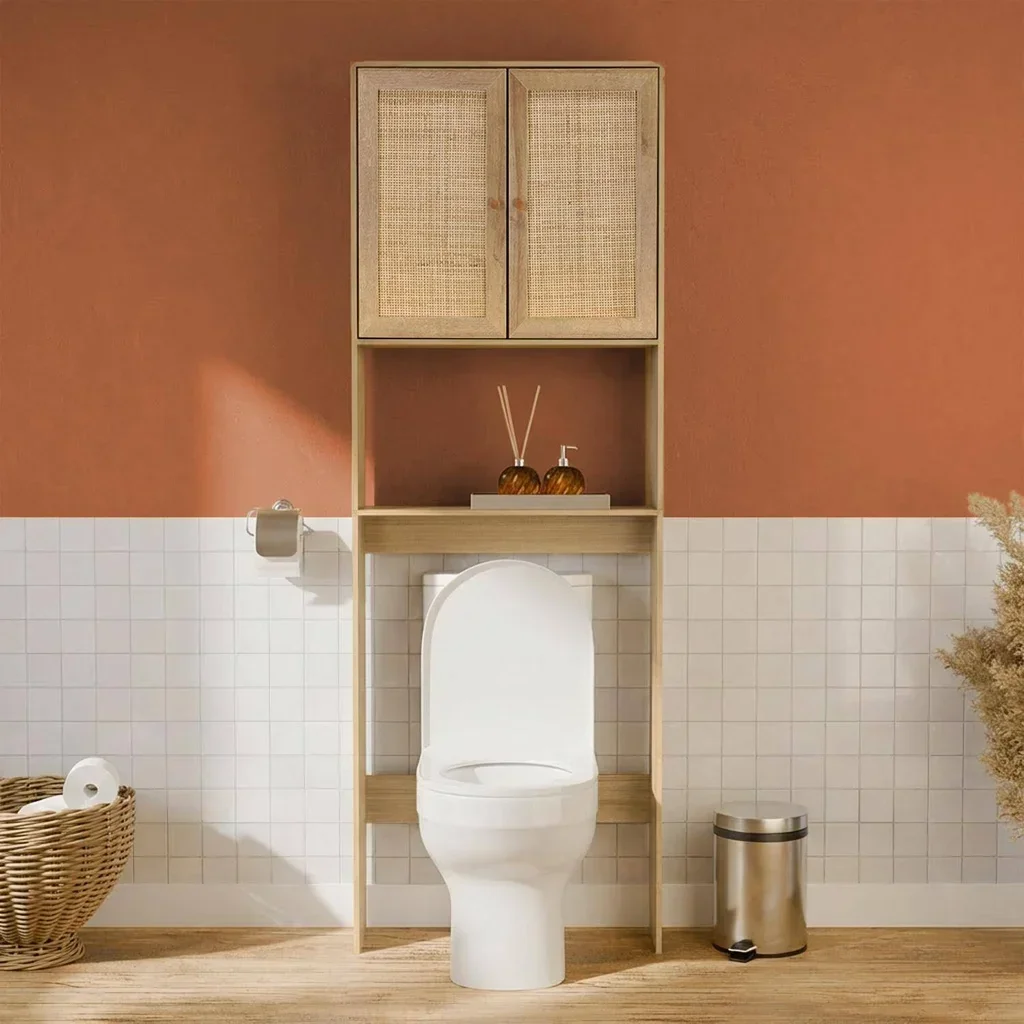 Meuble rangement toilettes cannage naturel bois vintage