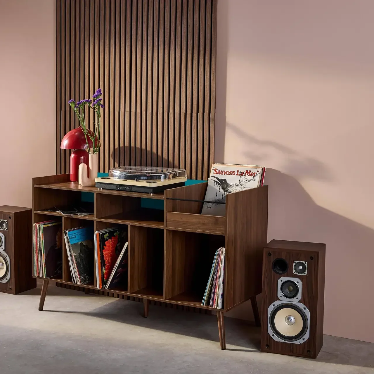 Meuble rangement vinyle XL rétro bois orange 130 cm 8 casiers