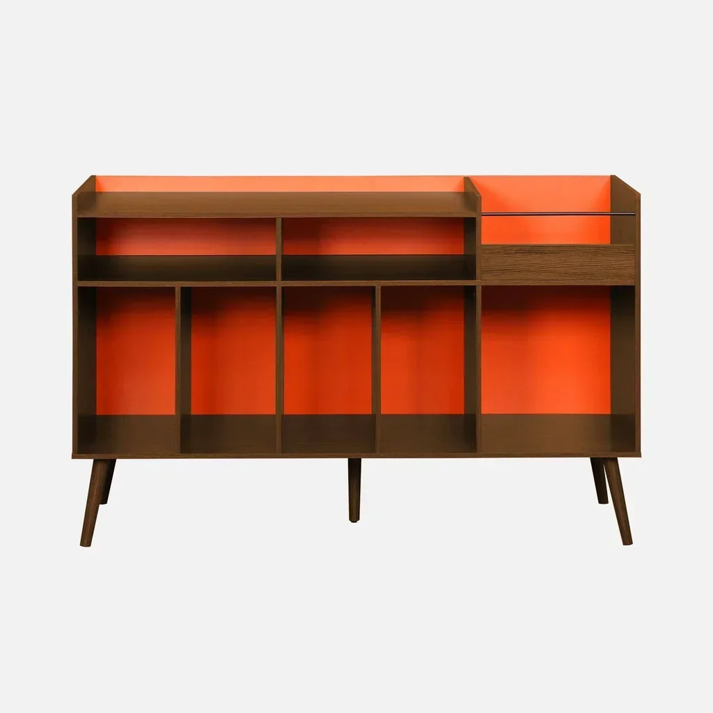 Meuble rangement vinyle vintage bois orange 130cm 8 casiers style rétro scandinave