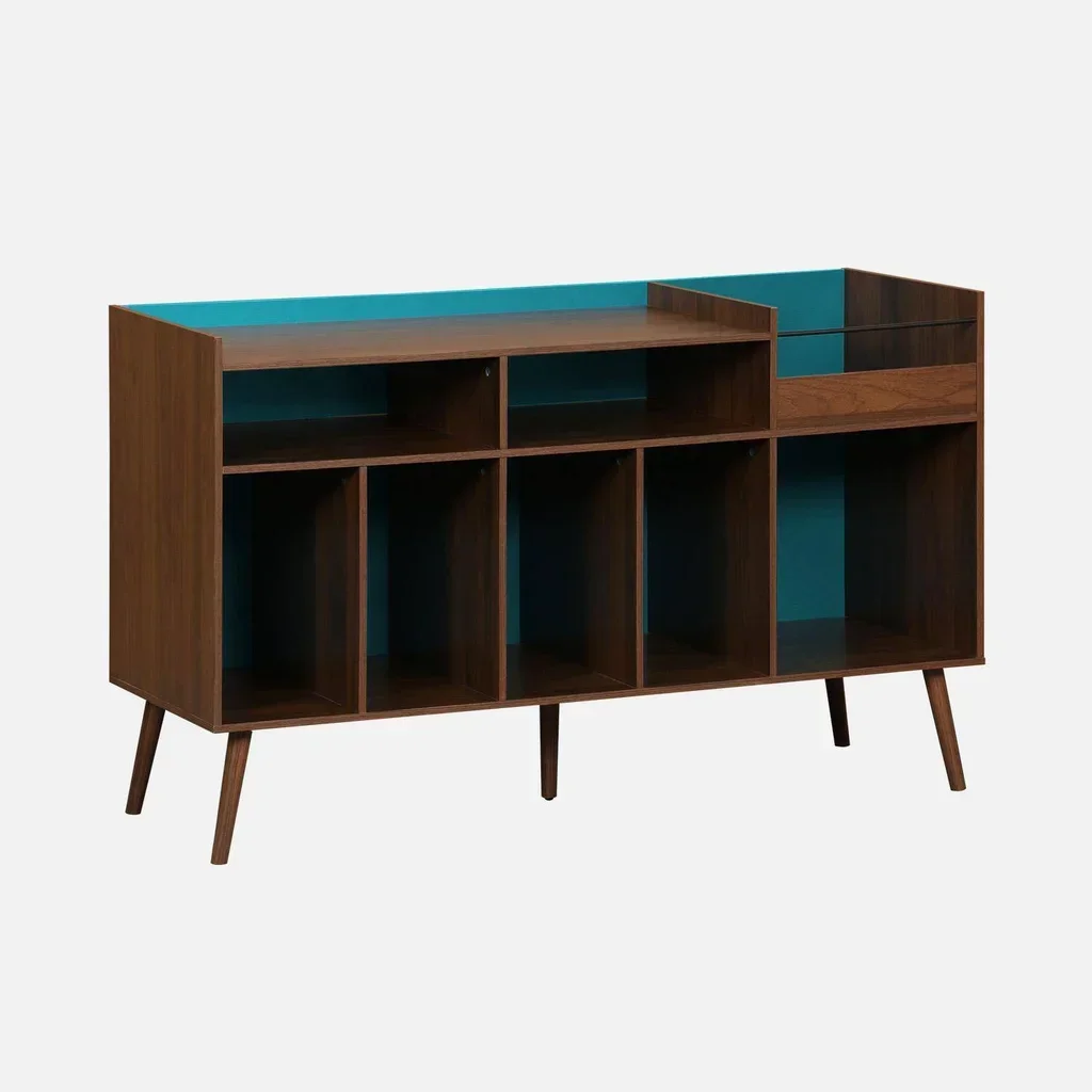 Meuble rangement vinyle XL rétro bois orange 130 cm 8 casiers