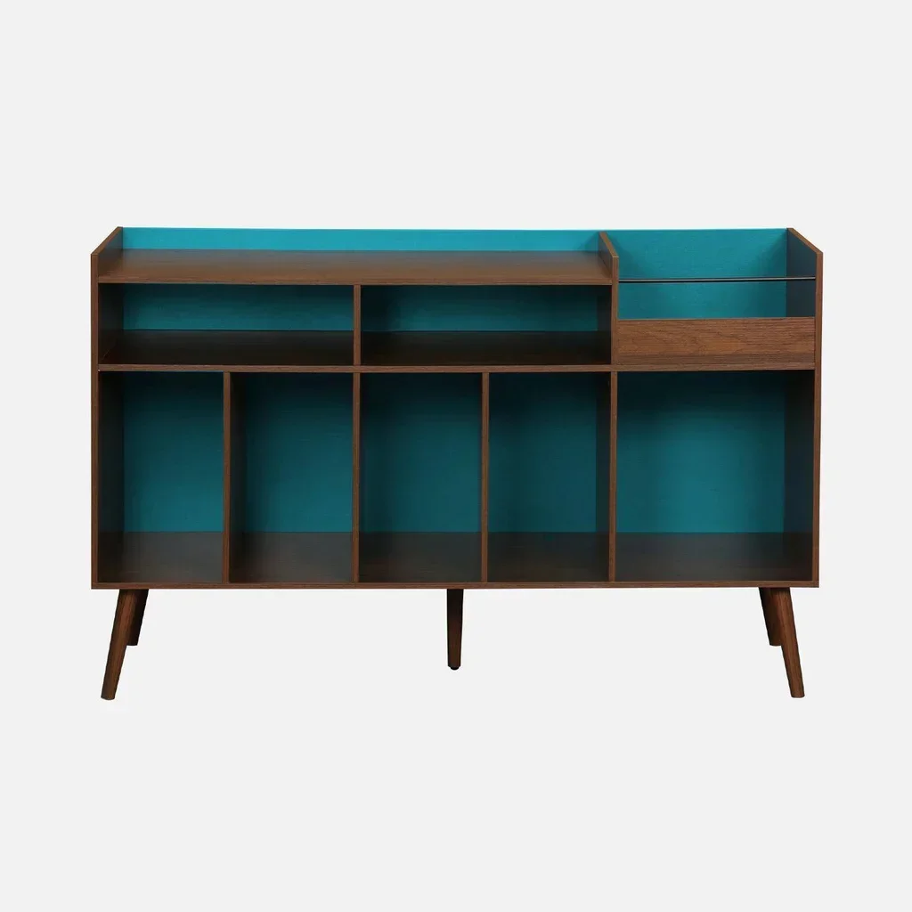 Meuble rangement vinyle XL rétro bois orange 130 cm 8 casiers